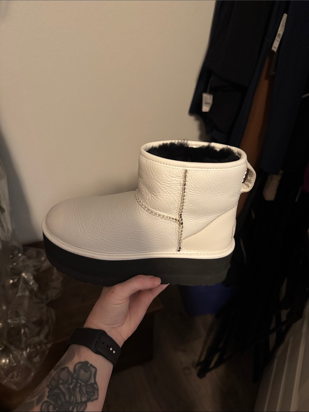 UGG White Short Platform Ankle Boot with Black Fur Lining